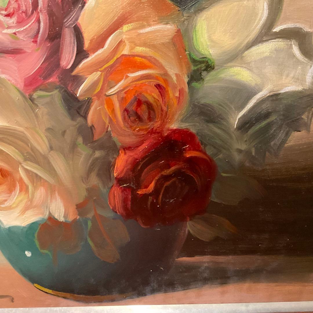 中西利雄 薔薇 油彩 薔薇 ばら バラ 古い油絵 キャンバス 額装品