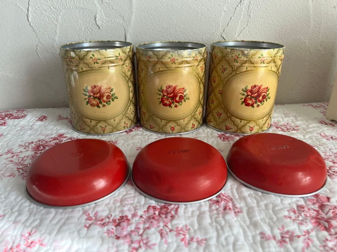 アンティーク　バラ柄のキャニスター3個