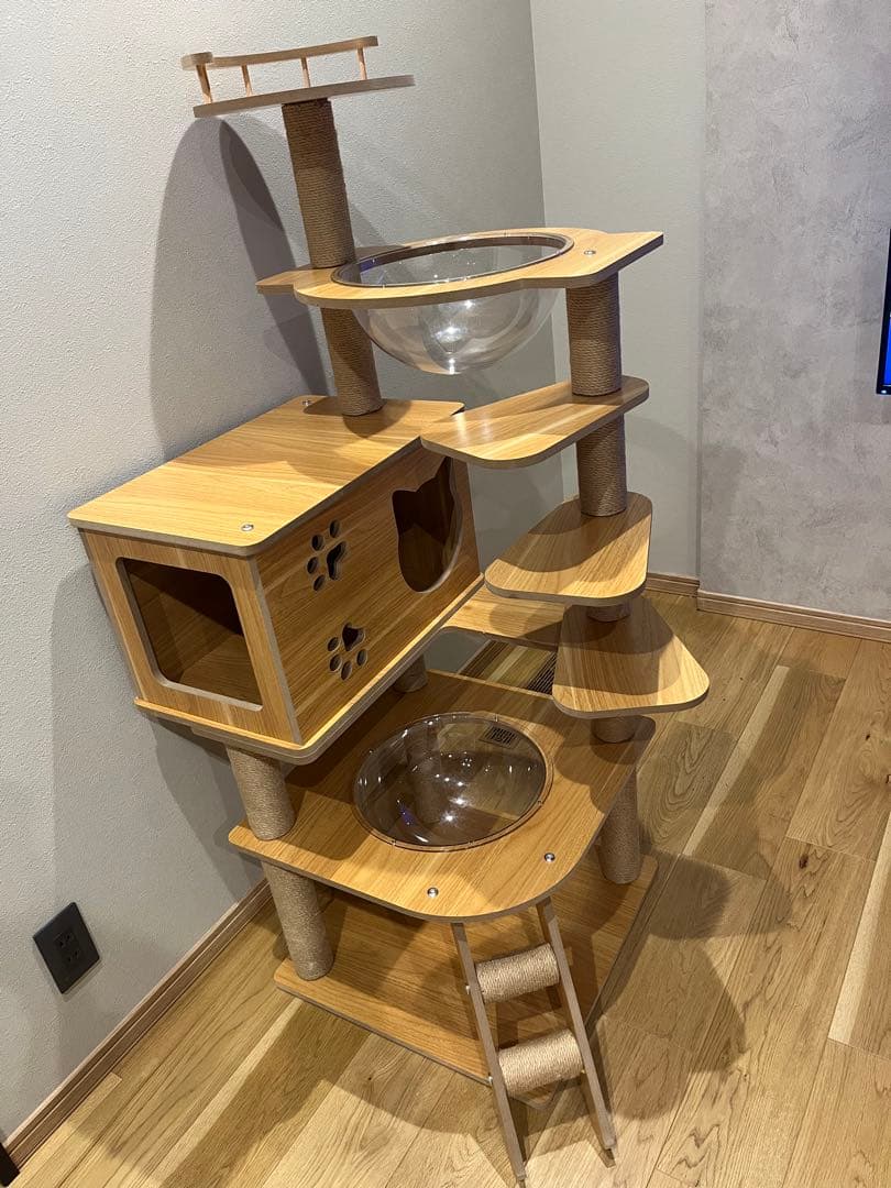 RAKU キャットタワー 木製 天然無垢材 宇宙船 短足猫 シニア猫 子猫