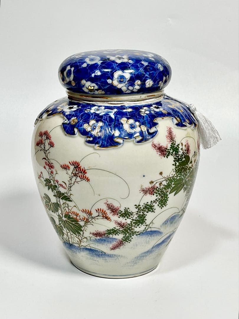 明治期 瀬戸焼 染錦朝顔文沈香壺 飾壺 瀬戸