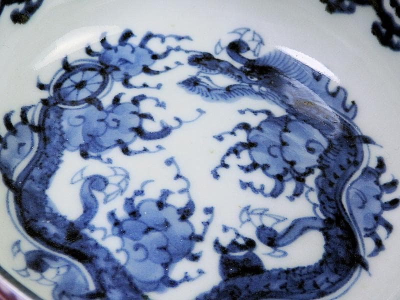 古伊万里　染付　瓔珞紋に団龍紋の図　膾皿　春寒鉢　C087AS-BOv