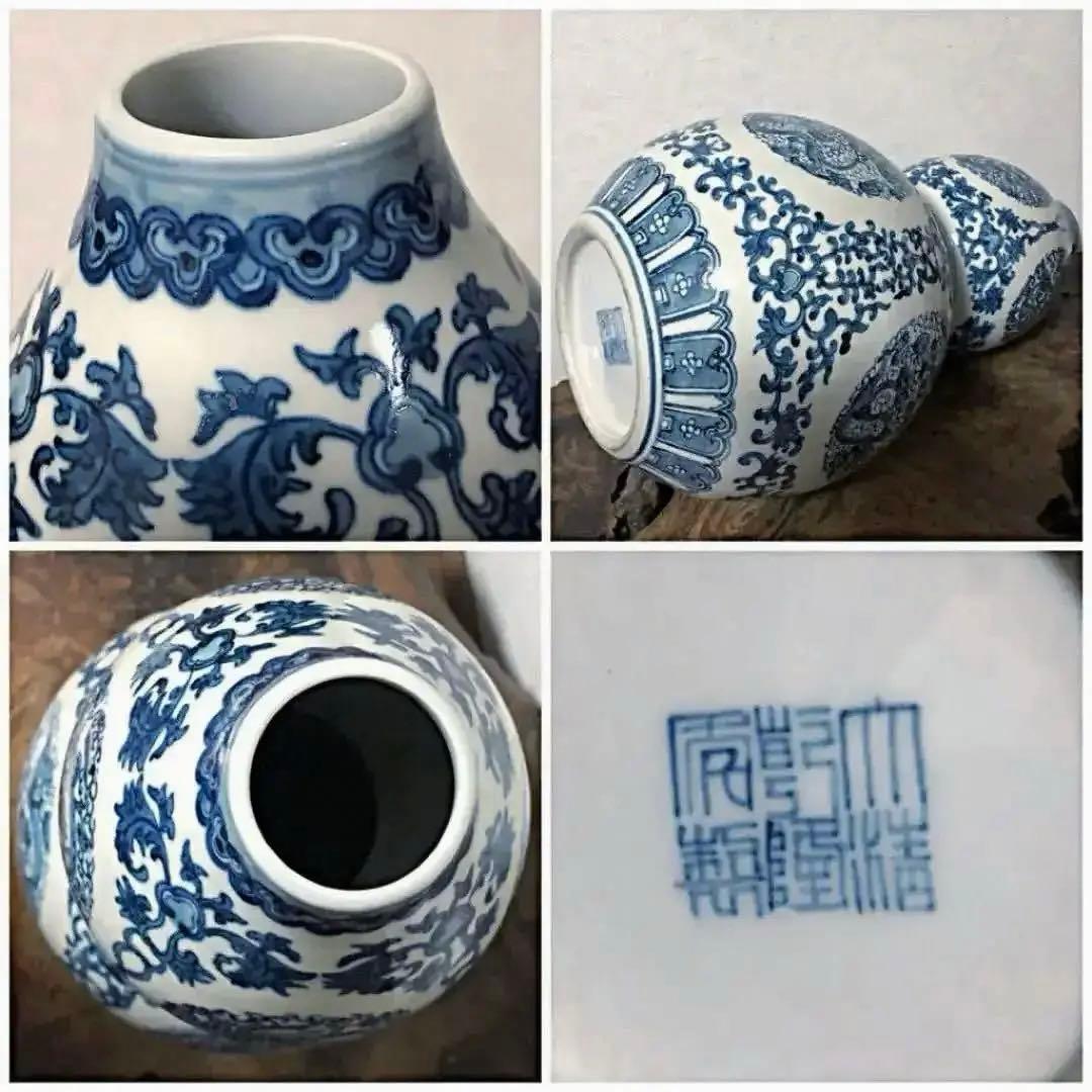 中国仏教美術 景徳鎮 大清乾隆年製 染付 多龍遊雲草花紋 瓢箪型 花瓶