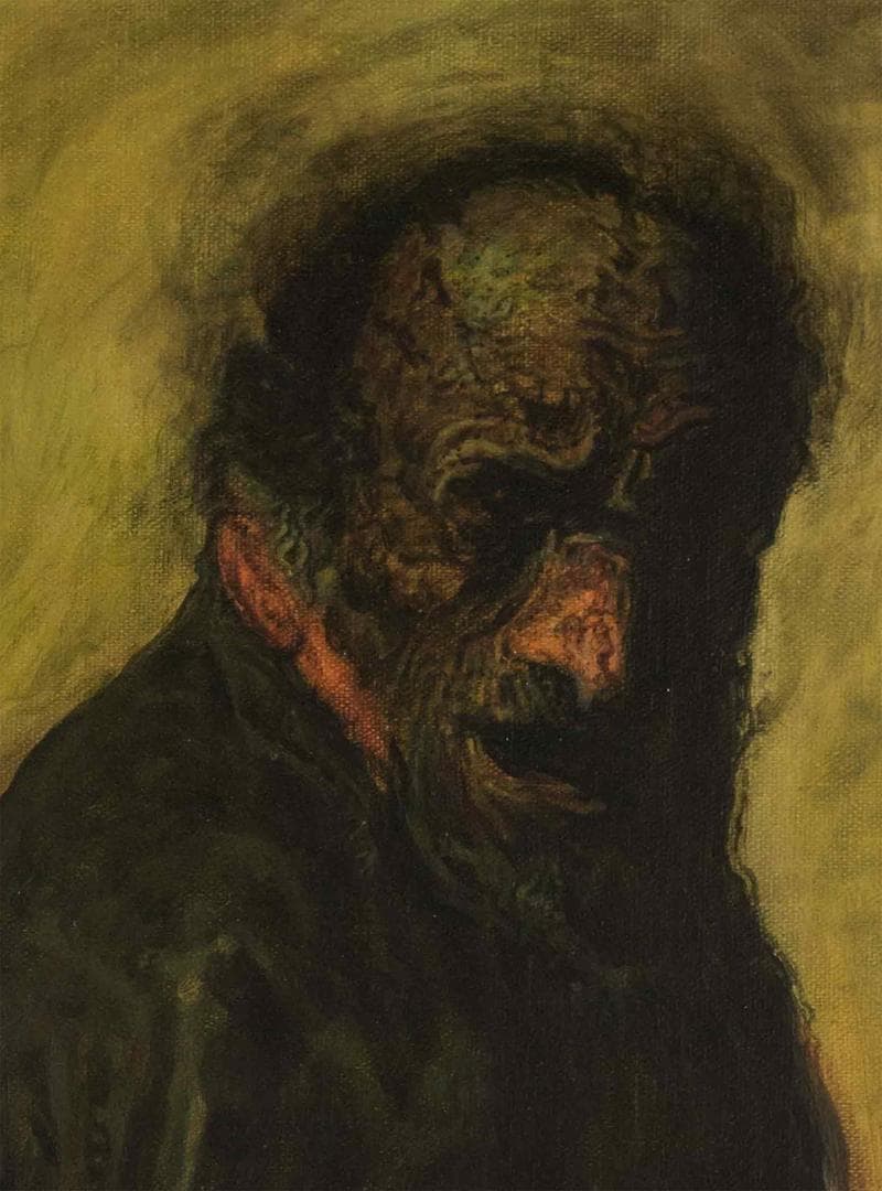 鴨居玲　油彩　肉筆『傷痍軍人』表サイン　裏サイン　F6号　額装　b458