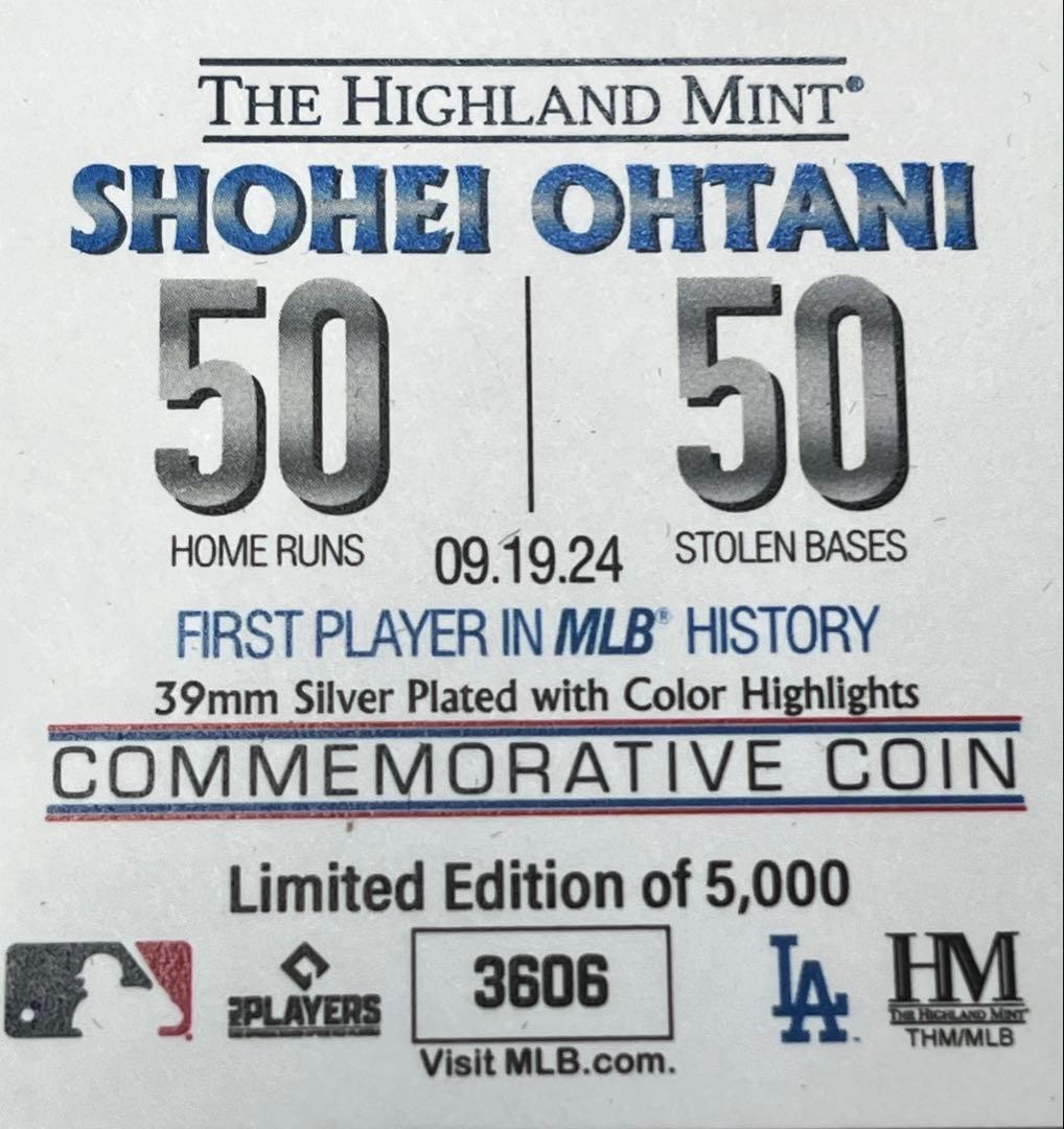 大谷選手ドジャース 50-50 達成記念 MLB公式3606/5000個完売品
