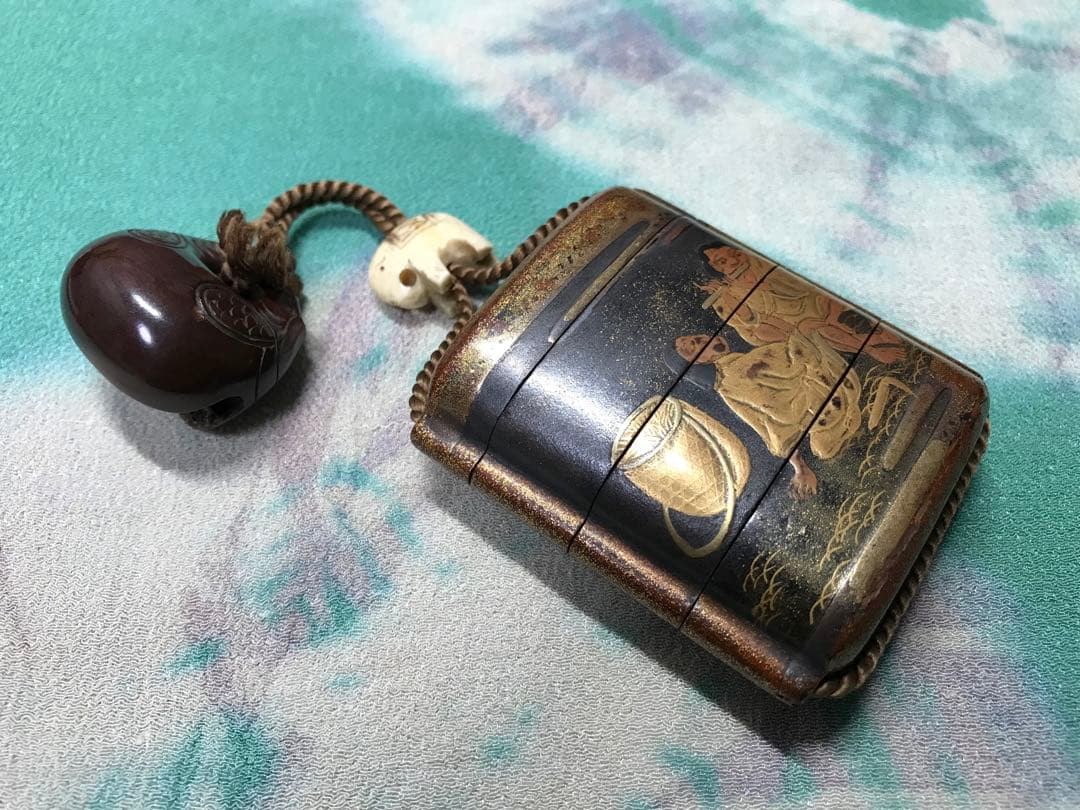 根付　牛と農夫の図　蒔絵印籠　江戸時代中期