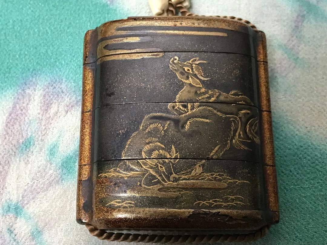 根付　牛と農夫の図　蒔絵印籠　江戸時代中期