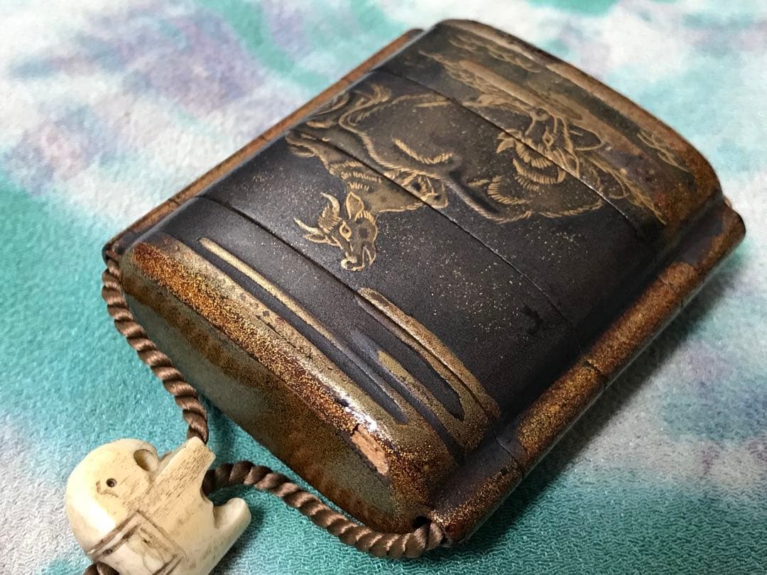 根付　牛と農夫の図　蒔絵印籠　江戸時代中期