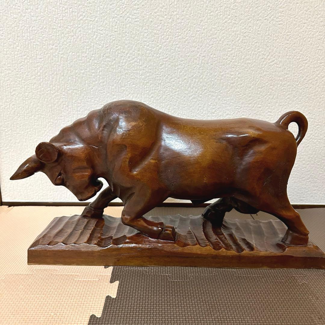 【訳あり品】牛 闘牛 木彫 骨董 古美術 置物 オブジェ アンティーク　縁起物