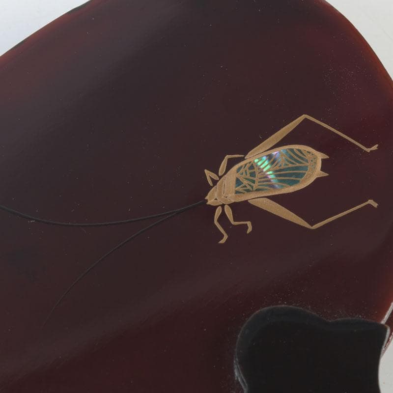 茶道具　輪島塗　茶平一斎作　鈴虫蒔絵　団扇形香合　共布共箱　V　9802