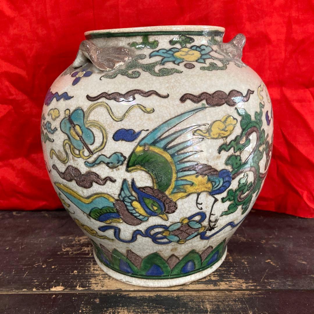 中国　色絵　三耳壺　鳳凰図