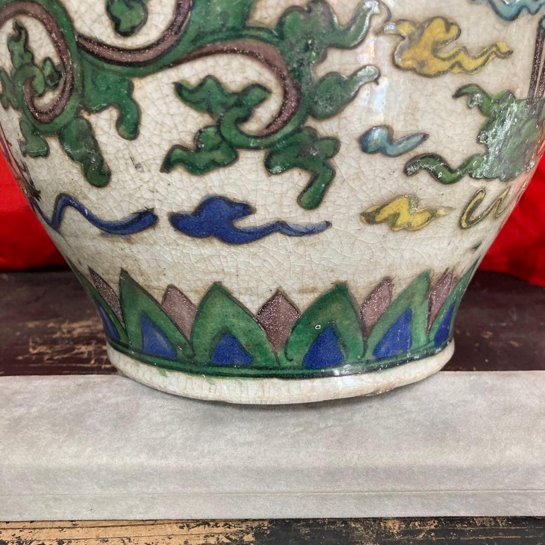 中国　色絵　三耳壺　鳳凰図