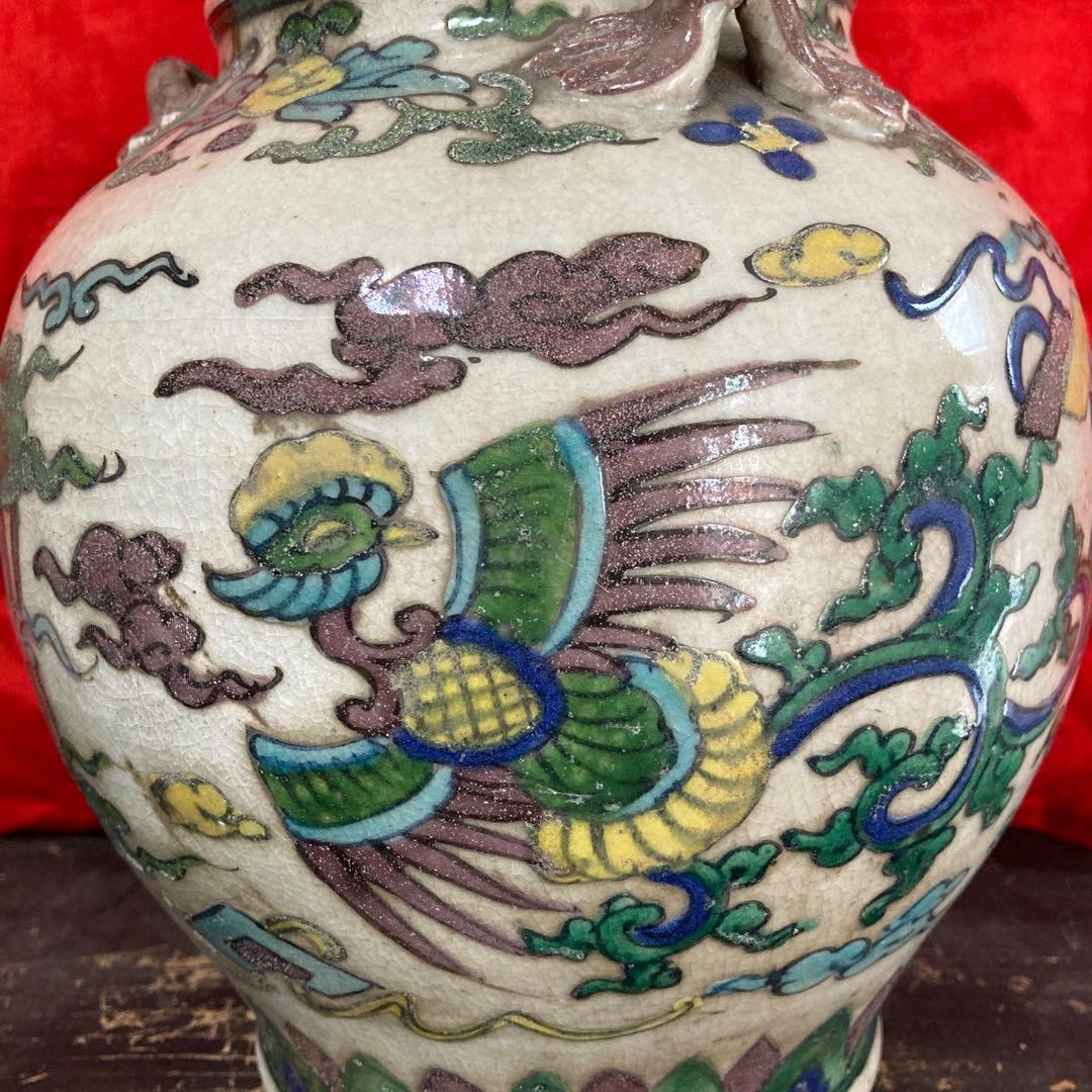 中国　色絵　三耳壺　鳳凰図
