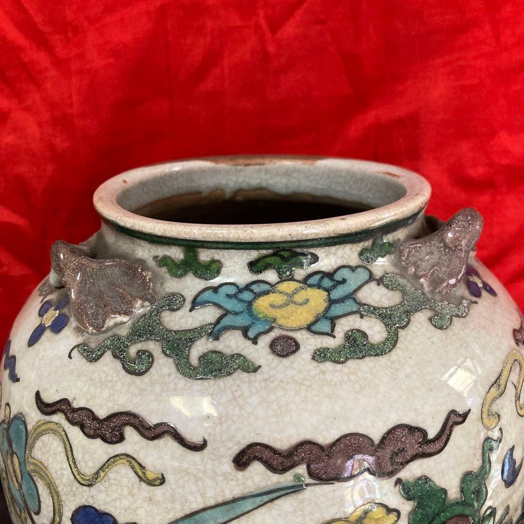 中国　色絵　三耳壺　鳳凰図