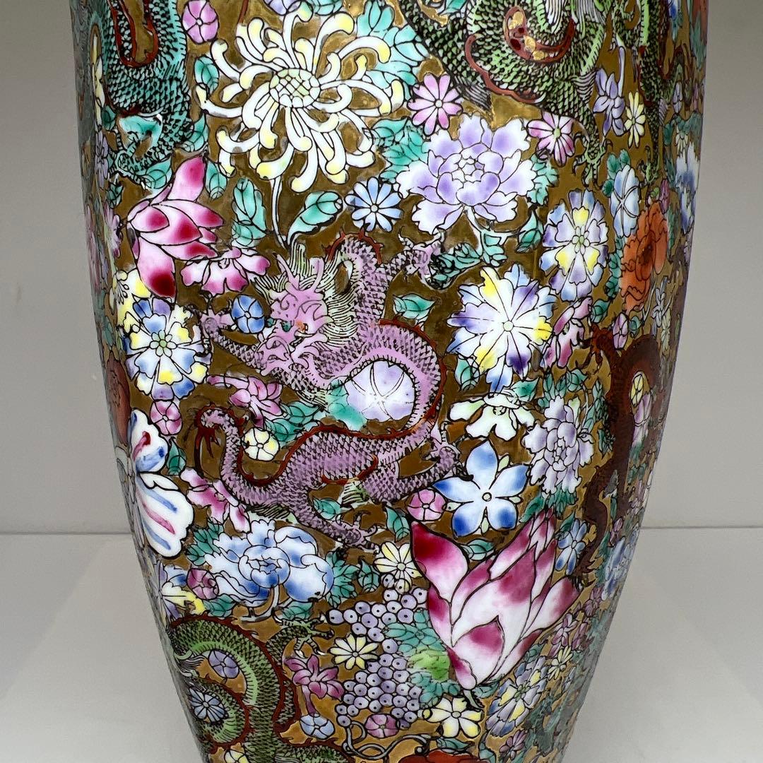 中国美術　粉彩　花と龍図花瓶　高さ44㎝　東Y7-0530③タサオ