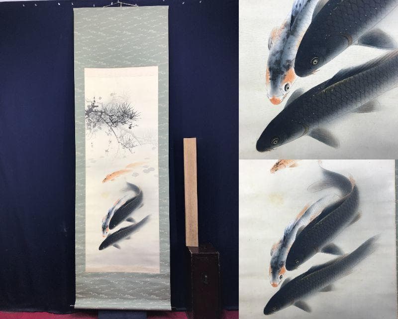 真作/森口白鯰/游鯉図/遊鯉図/鯉図/松鯉図/掛軸/名家伝来AE-387