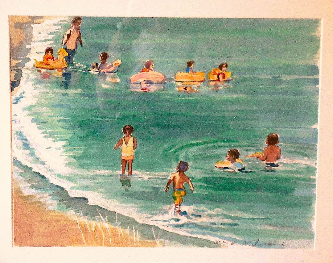水彩画 海水浴 2020年 原画 F6サイズ 額縁付き