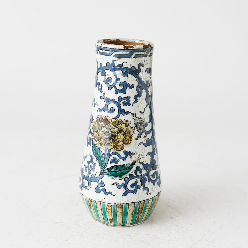 幕末明治 古陶 九谷焼 色絵 花唐草文 花入 花器 貫入 古美術 古道具 合箱