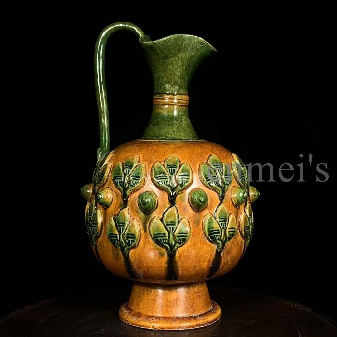 中国古美術 【唐三彩】 陶器製 花卉彫刻 植物文様 彫刻細工 壺 花器 古陶磁