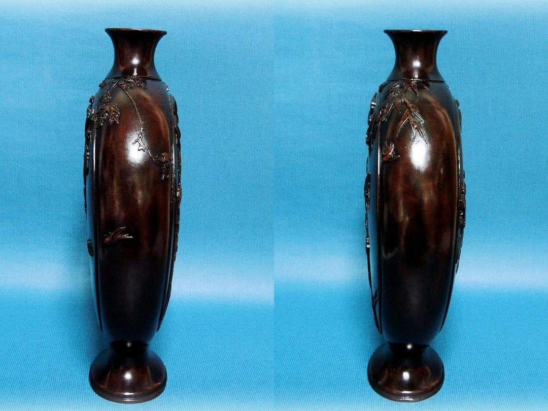 603『唐銅 竹に雀 花瓶 箱付き』　　/骨董品 古美術 古玩 アンティーク