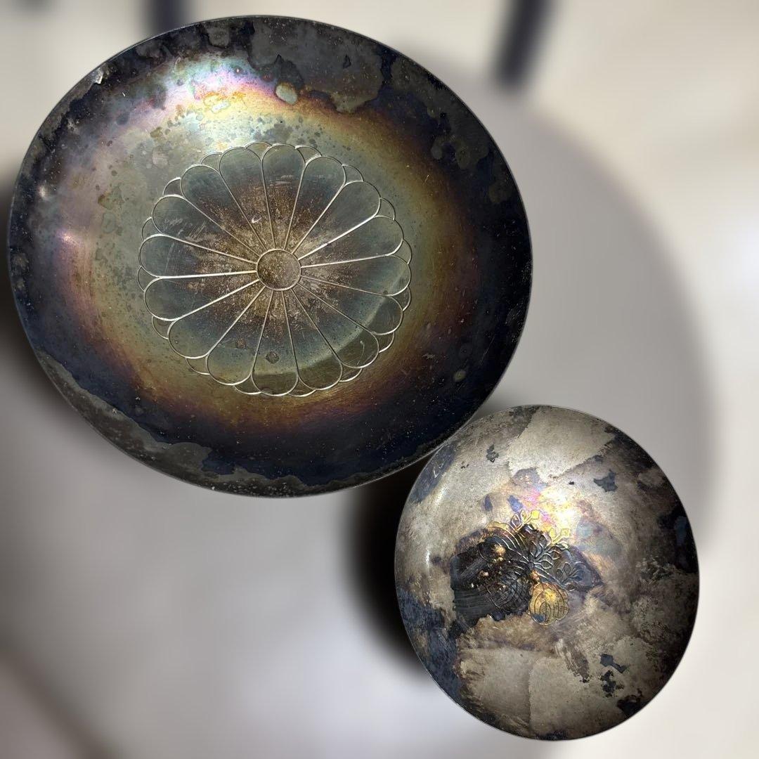 銀杯　銀盃　2個まとめ　約411g 吉岳宗雲斎造　菊家紋　銀杯　天賞堂