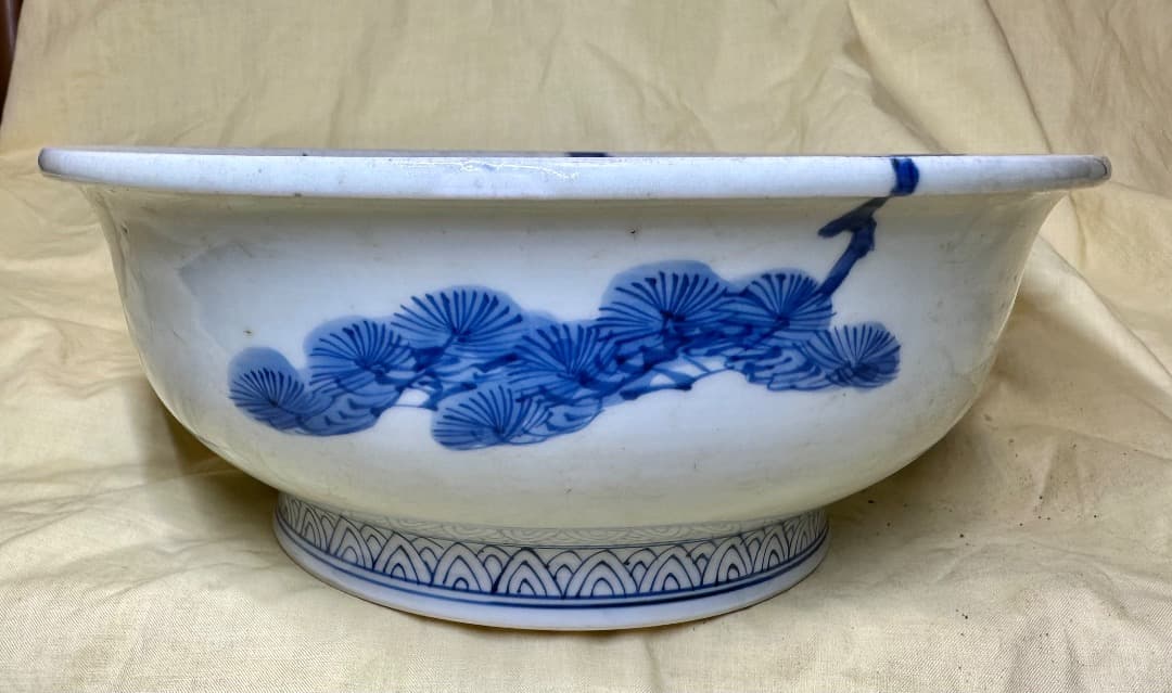 大明成化年製・ボウル陶碗・青染・松一本柄