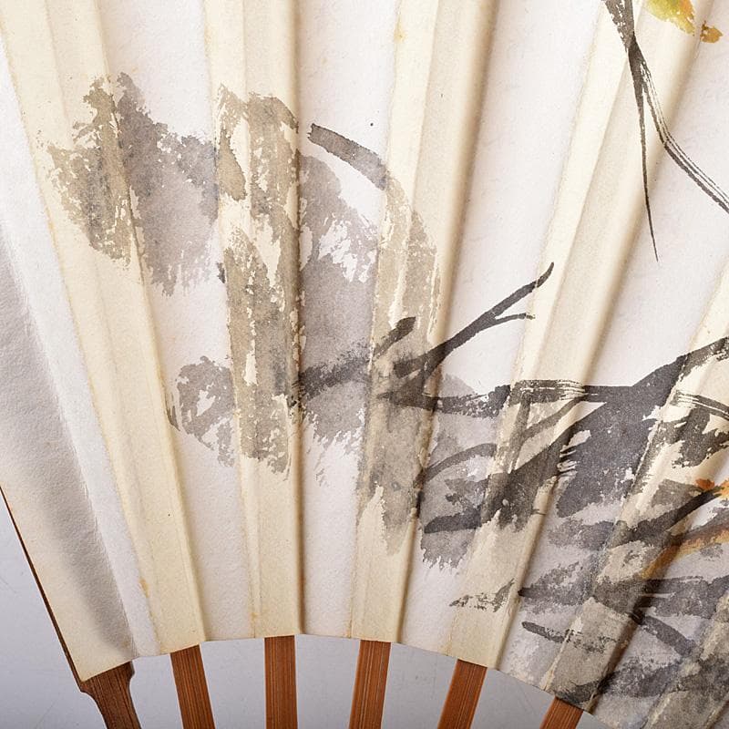 中国　雲溪竹人刻親骨　水墨画　漢詩花図　扇子　M　R8802