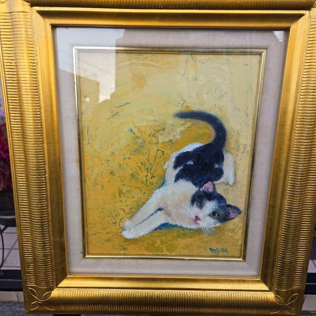 猫の油彩画 　可愛い猫　金色フレーム付き