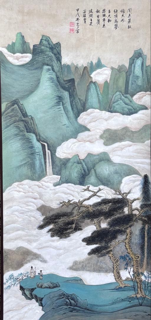 水墨画　掛軸　策杖倚天風 謝光力画　中国　絵画　山水　張大千大風堂　カラー