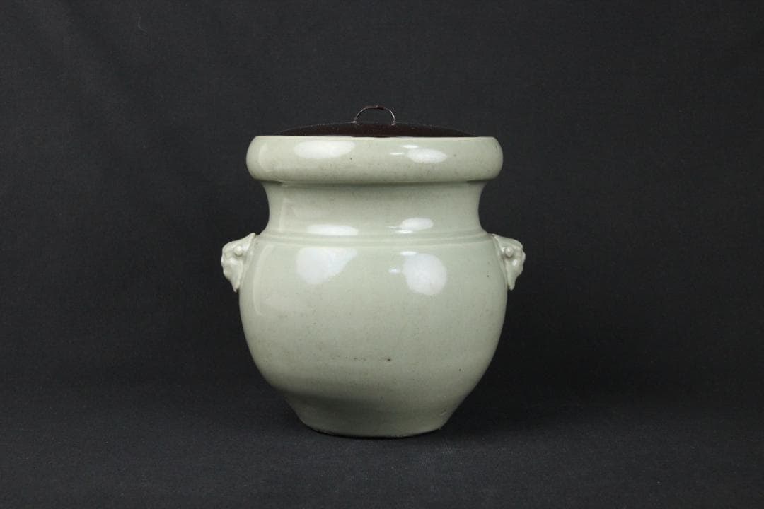 唐物　明～清　七官青磁　青瓷　耳付水指　茶道 　龍泉窯　FJ21-4