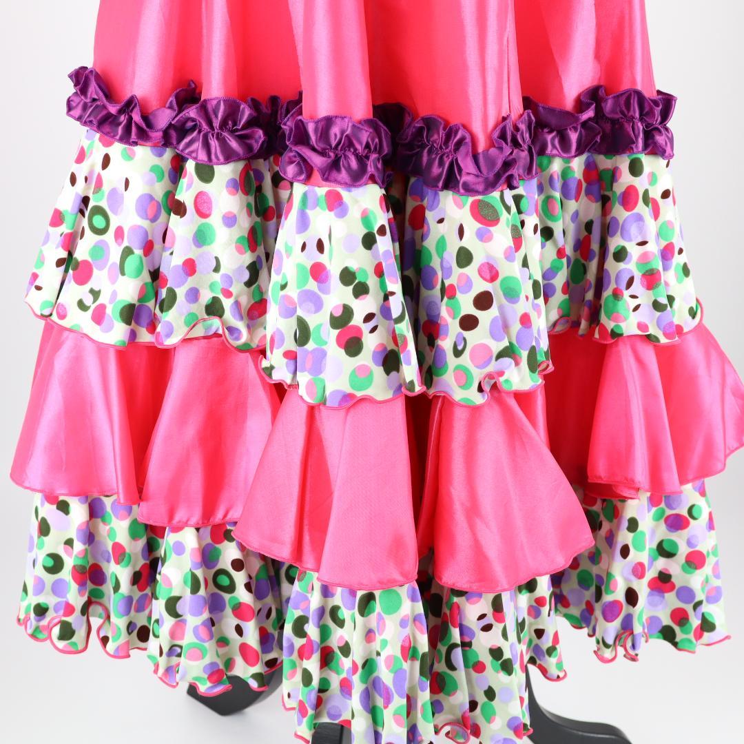 【美品 フラメンコ衣装】光沢ピンク×マルチカラー柄 ブラウス ファルダ スカート