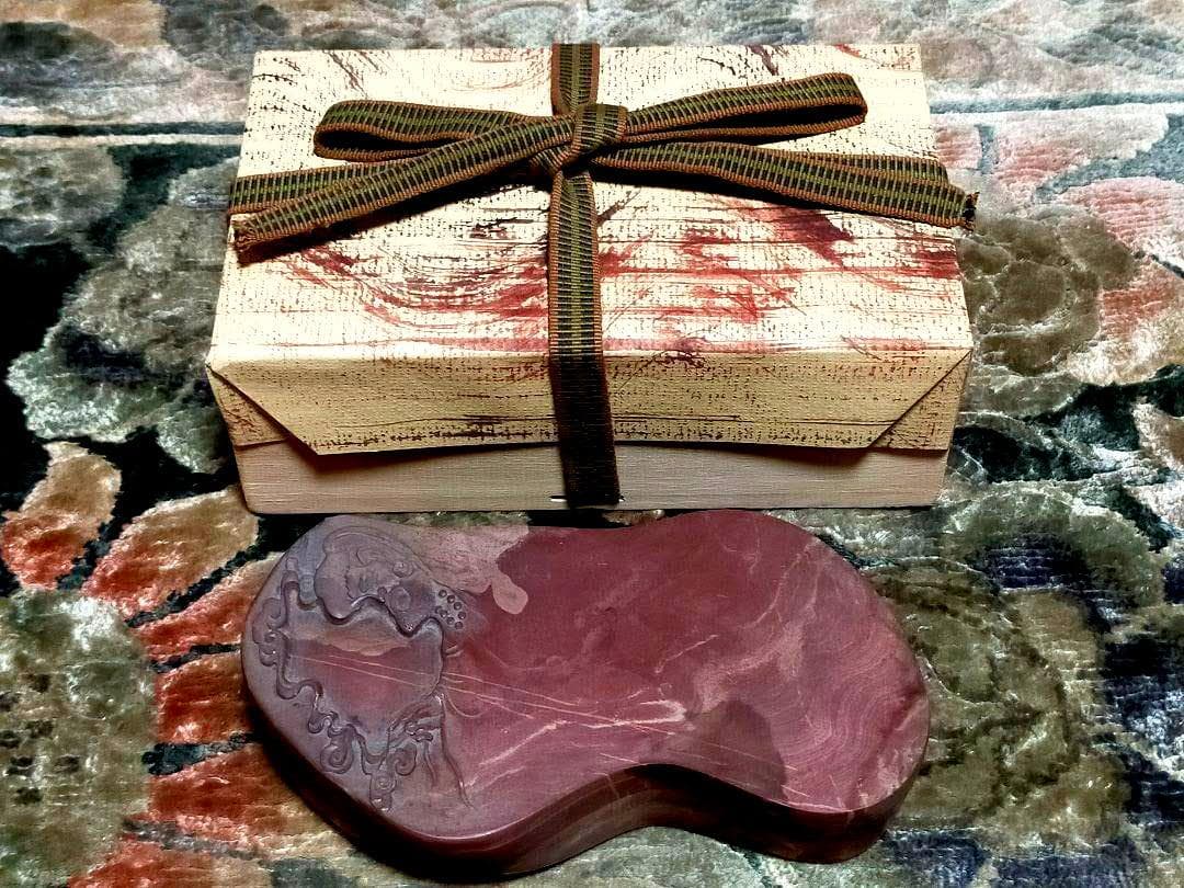 ♥中国　硯　古硯　赤糸硯　桐箱付き　骨董品　墨　筆　書道具