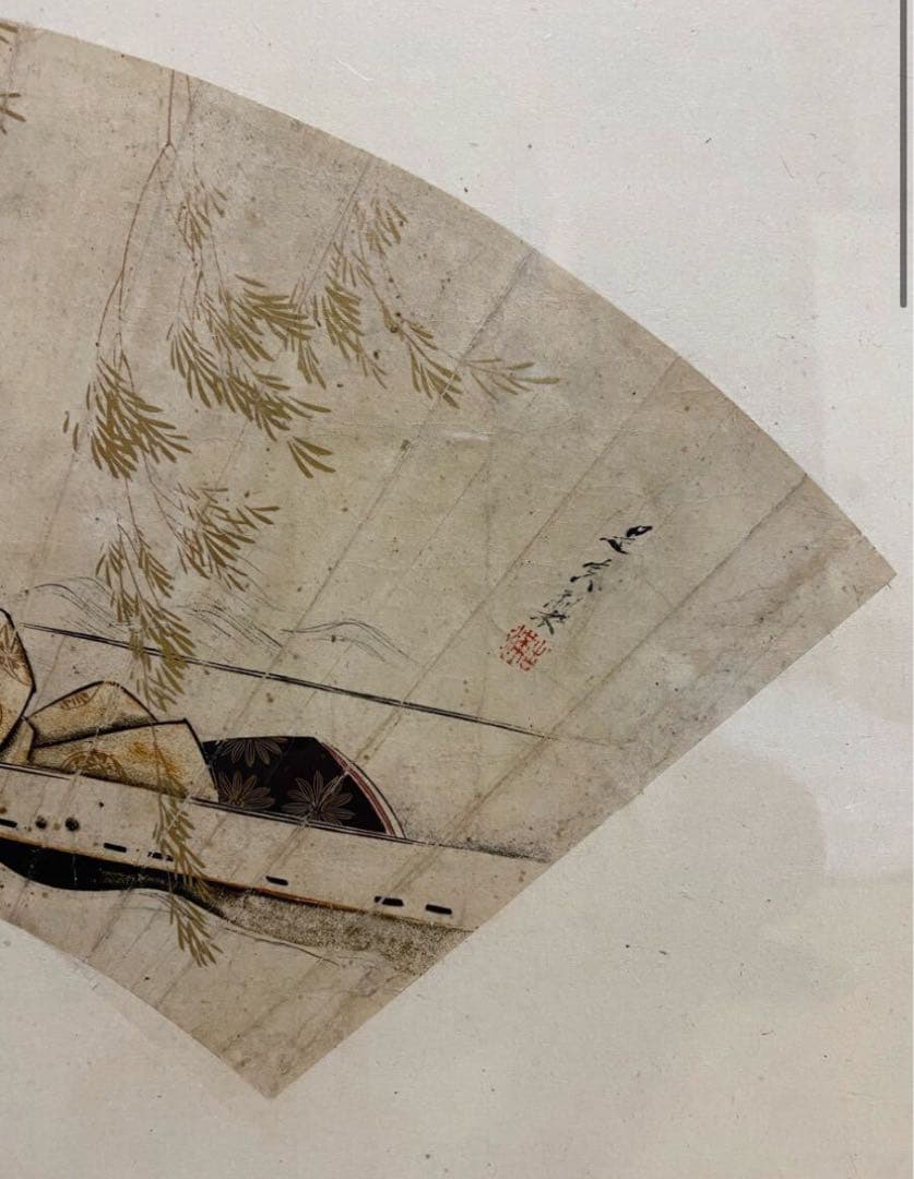 柴田是真　日本画　古心堂 高級 額装　朝妻船　美人画　絵画 扇面画 人物画