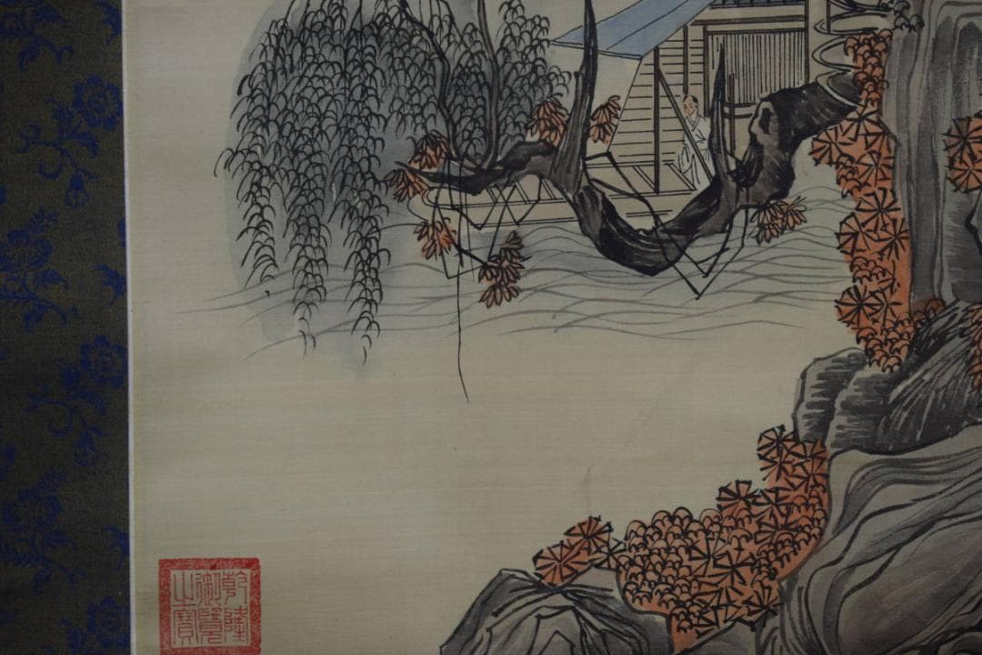 模写/唐寅/青緑山水人物図/布袋屋掛軸HG-660