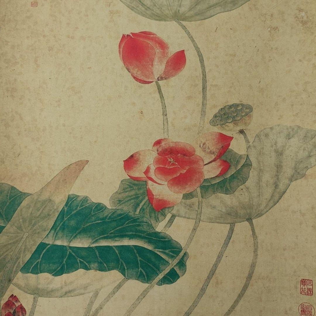 恽冰《蒲塘秋艶図》　三尺中堂　掛軸　中国名人書画　花鳥画　壁掛け装飾