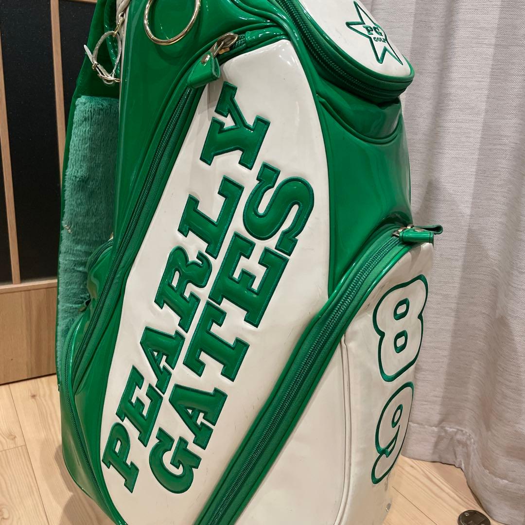 ［美品］PEARLY GATES キャディバッグ エナメル白×緑