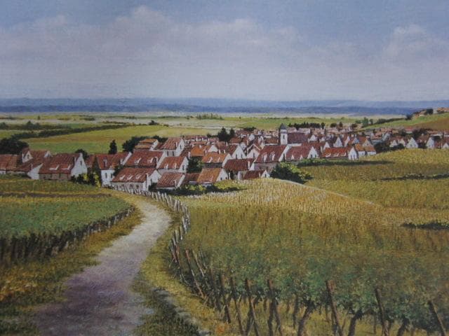 今関アキラコ、【丘陵の村】、希少な額装用画集画、新品高級額 額装付