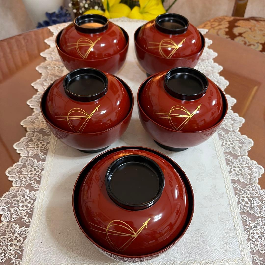 輪島　うるし工芸　米永　蓋付雑煮椀　小どんぶり　5客セット　未使用