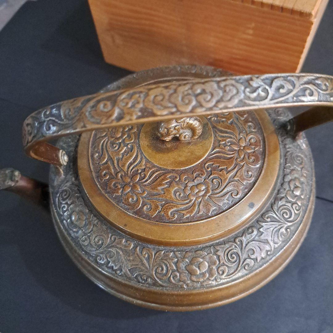 江戸中　青銅製　金工やかん　金工精密技工彫　 牡丹唐草図　高岡銅器