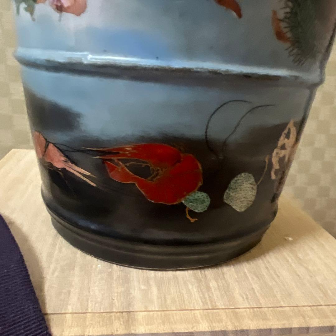 明治期超絶品九谷焼最高絵付　魚野菜尽くし手桶形水指　本物保証　逸品！