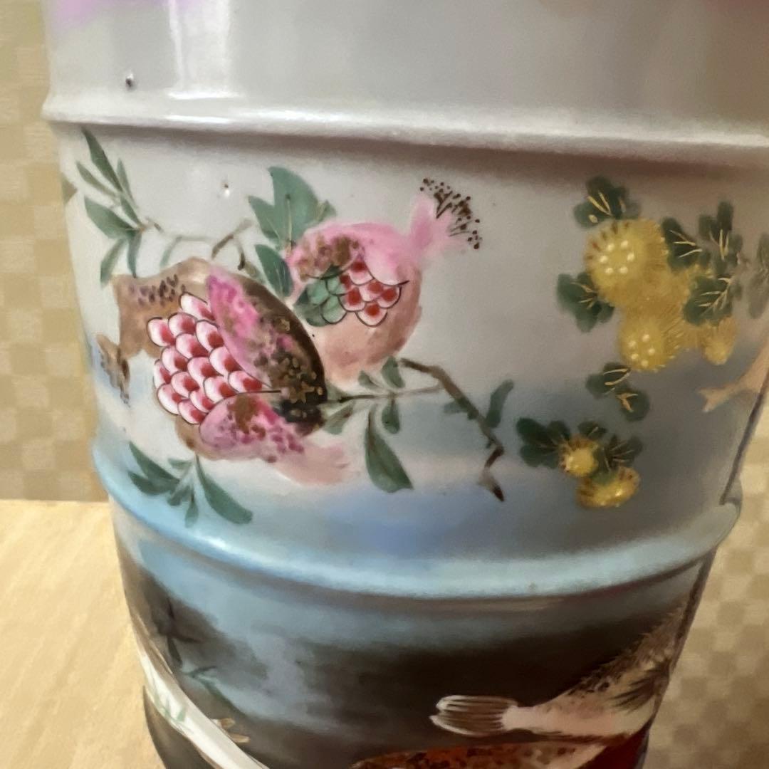明治期超絶品九谷焼最高絵付　魚野菜尽くし手桶形水指　本物保証　逸品！