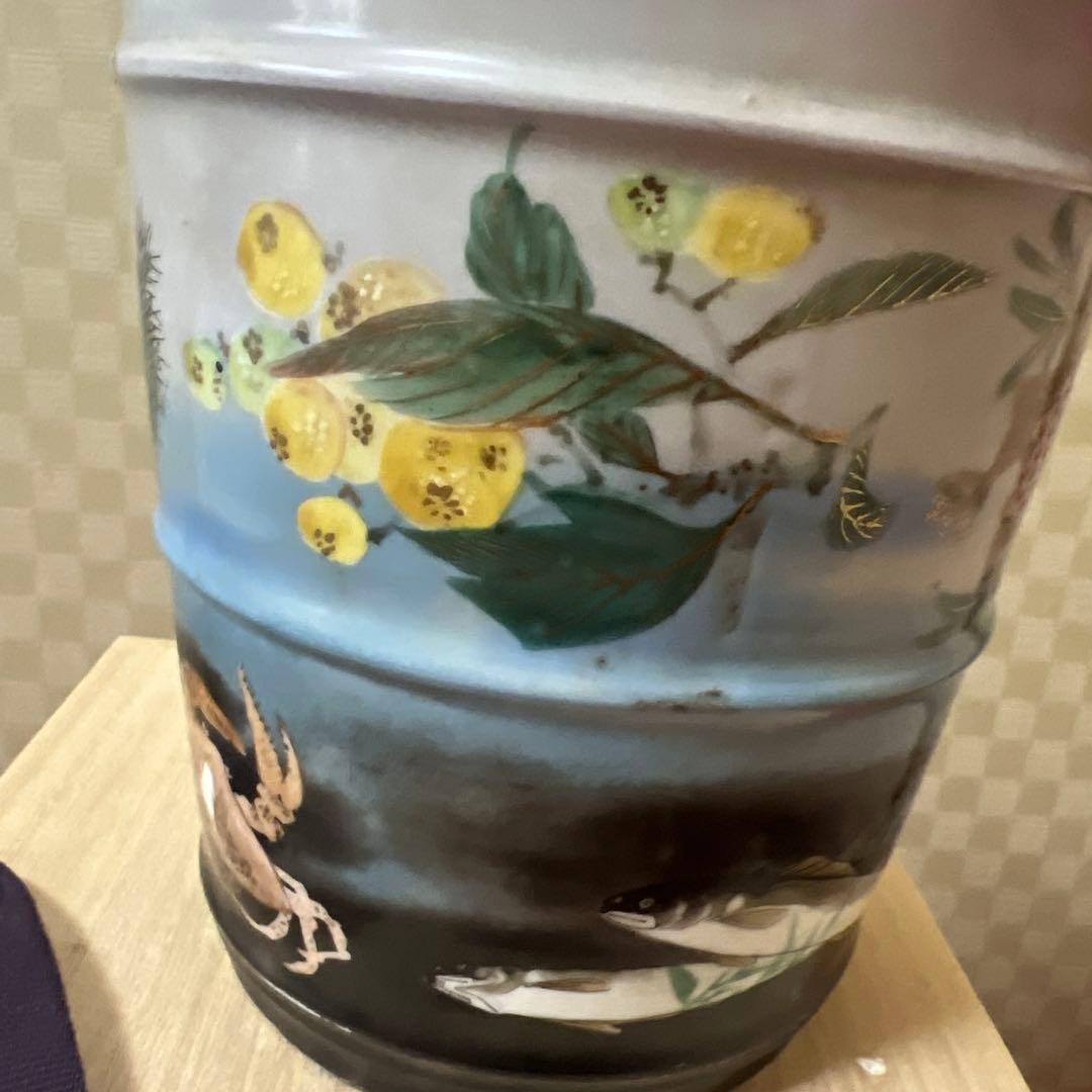 明治期超絶品九谷焼最高絵付　魚野菜尽くし手桶形水指　本物保証　逸品！