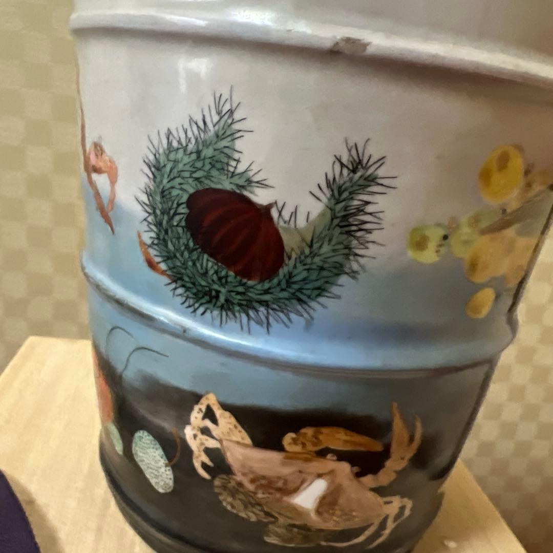 明治期超絶品九谷焼最高絵付　魚野菜尽くし手桶形水指　本物保証　逸品！