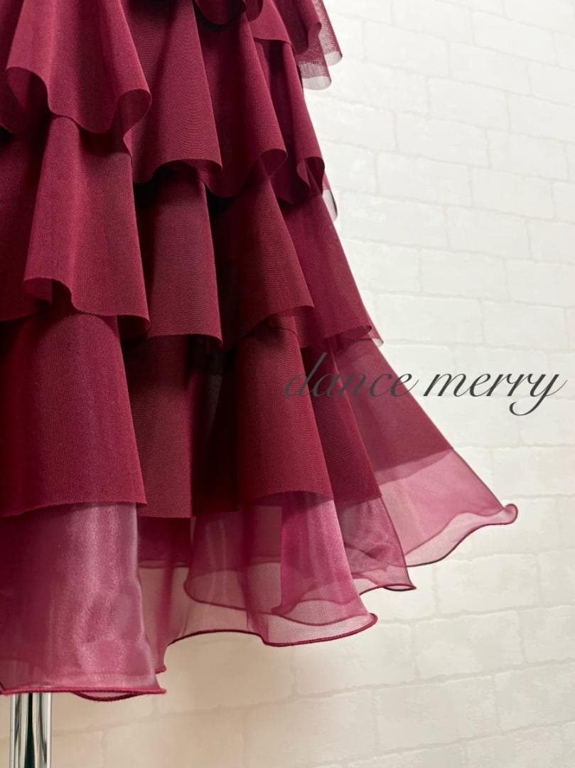 ＊新品　社交ダンス　豪華　スカート　ワイン　赤　ティアード　パーティ　1269