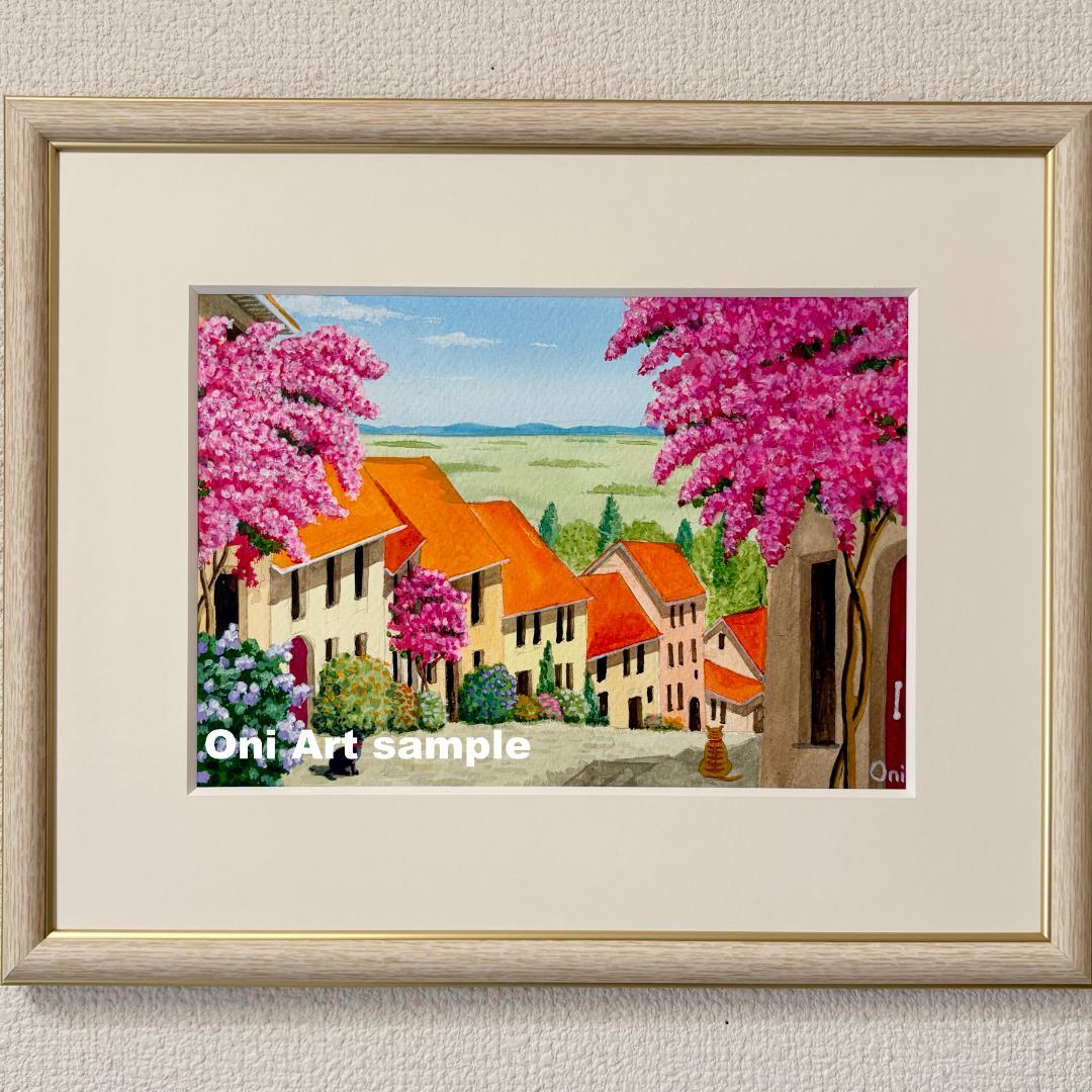 アクリル画　原画　「花の咲く路地10」額縁付　SMサイズ