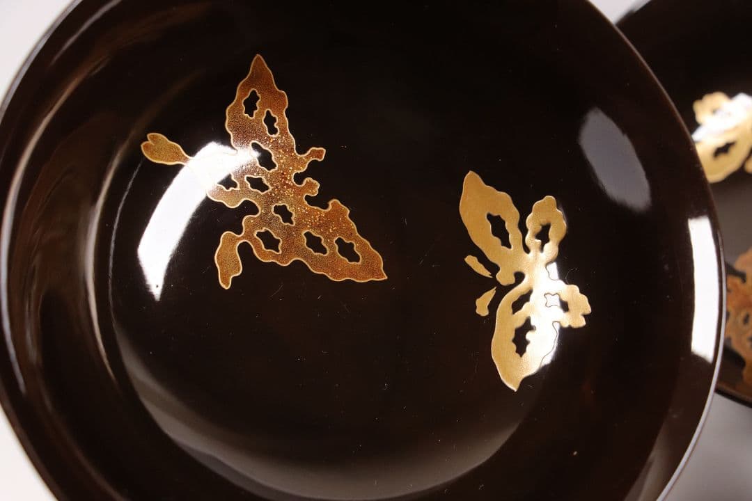 CK75 時代 木製漆器 輪島塗 蝶金蒔絵 黒塗椀 三客 天然木 梨地