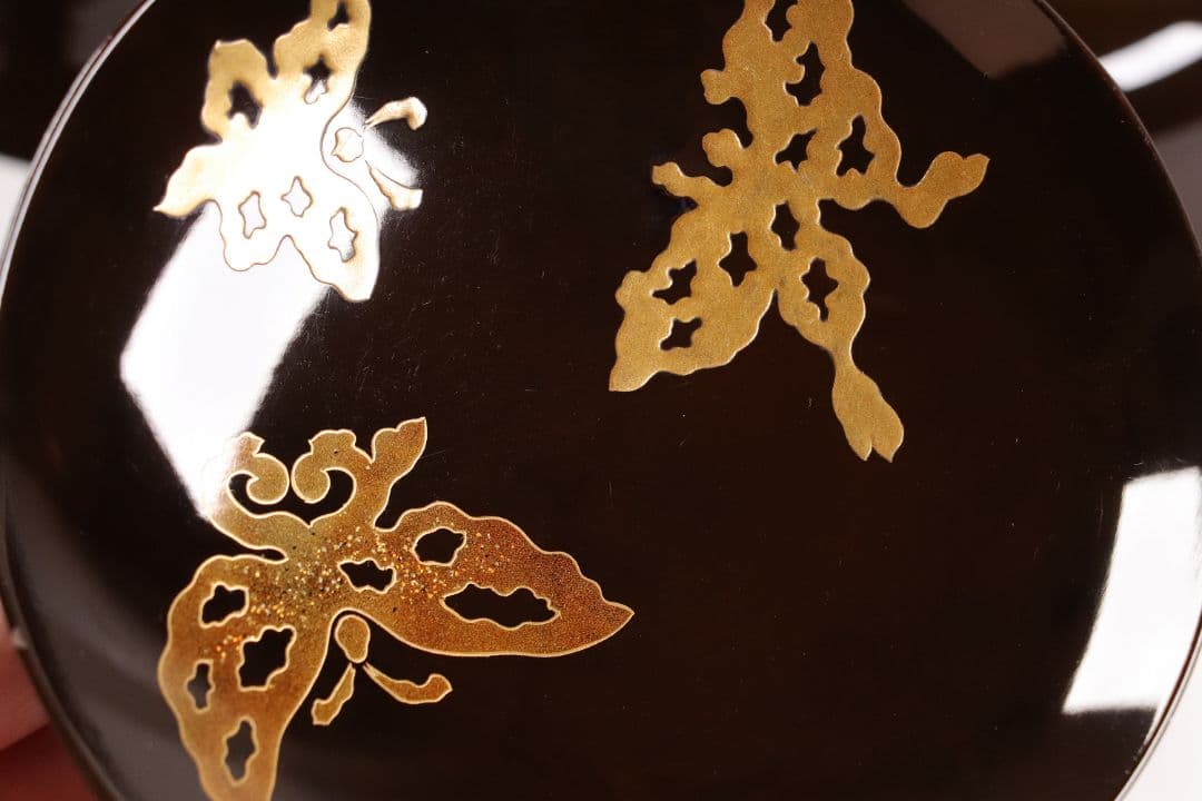 CK75 時代 木製漆器 輪島塗 蝶金蒔絵 黒塗椀 三客 天然木 梨地