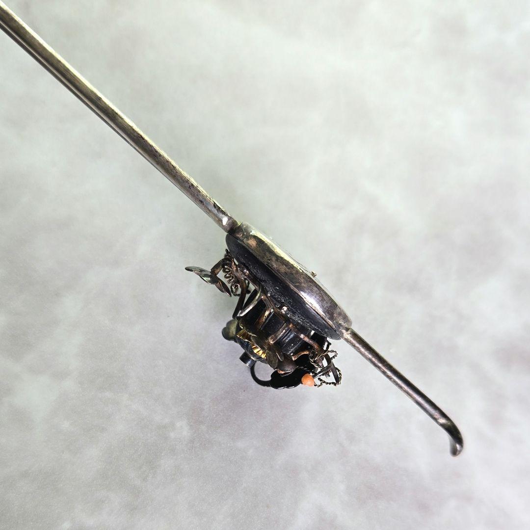 逸品　アンティーク　金工　簪　兜　銀かんざし　珊瑚　G1　着物　金工　骨董