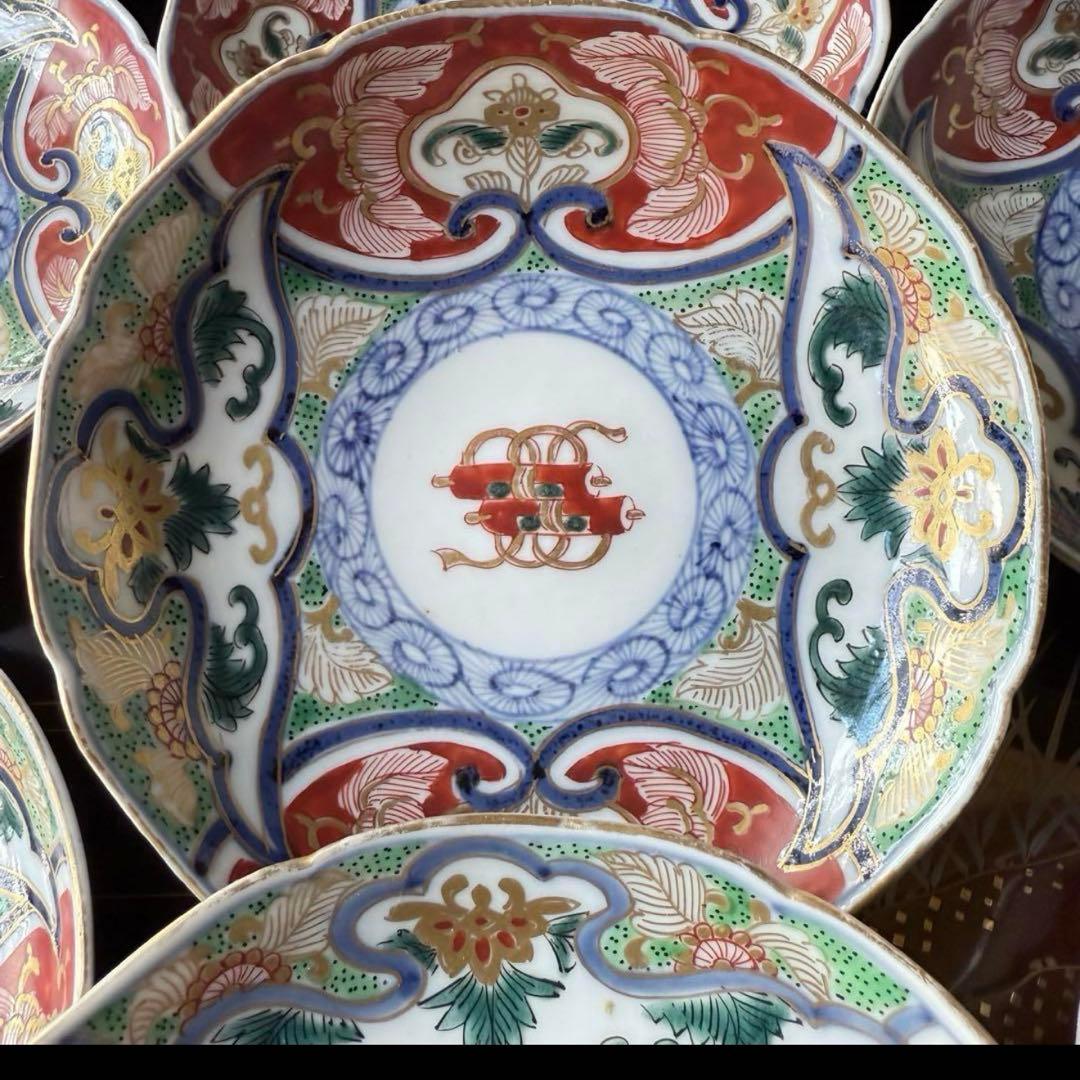 Y様へ感謝お嫁入り‼️涼やか星丸紋切子ボウル1客　錦手牡丹唐草小皿10客➕5客元箱