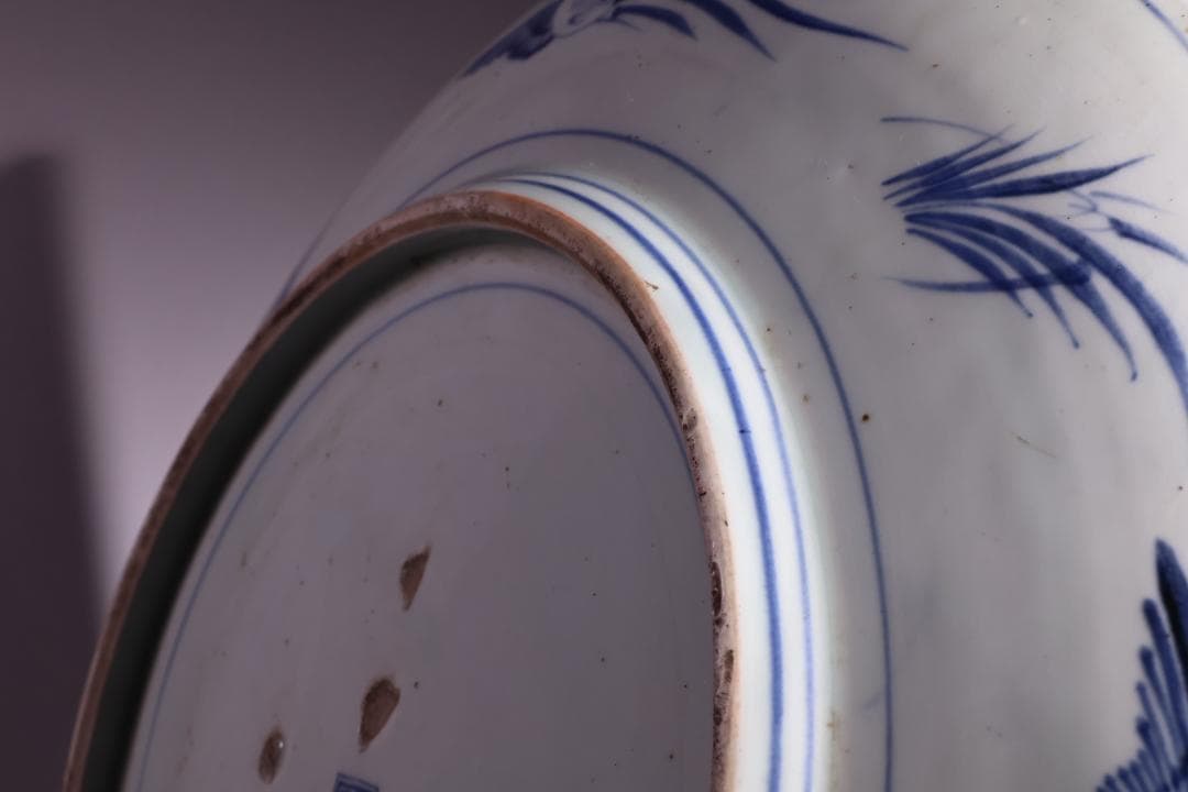 江戸中期　古伊万里　染付　大皿　花鳥風月図　角福銘　直径42㎝ BJ200