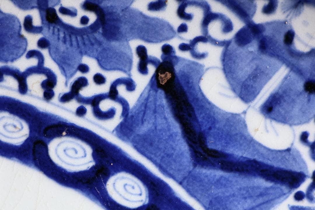 江戸中期　古伊万里　染付　大皿　花鳥風月図　角福銘　直径42㎝ BJ200